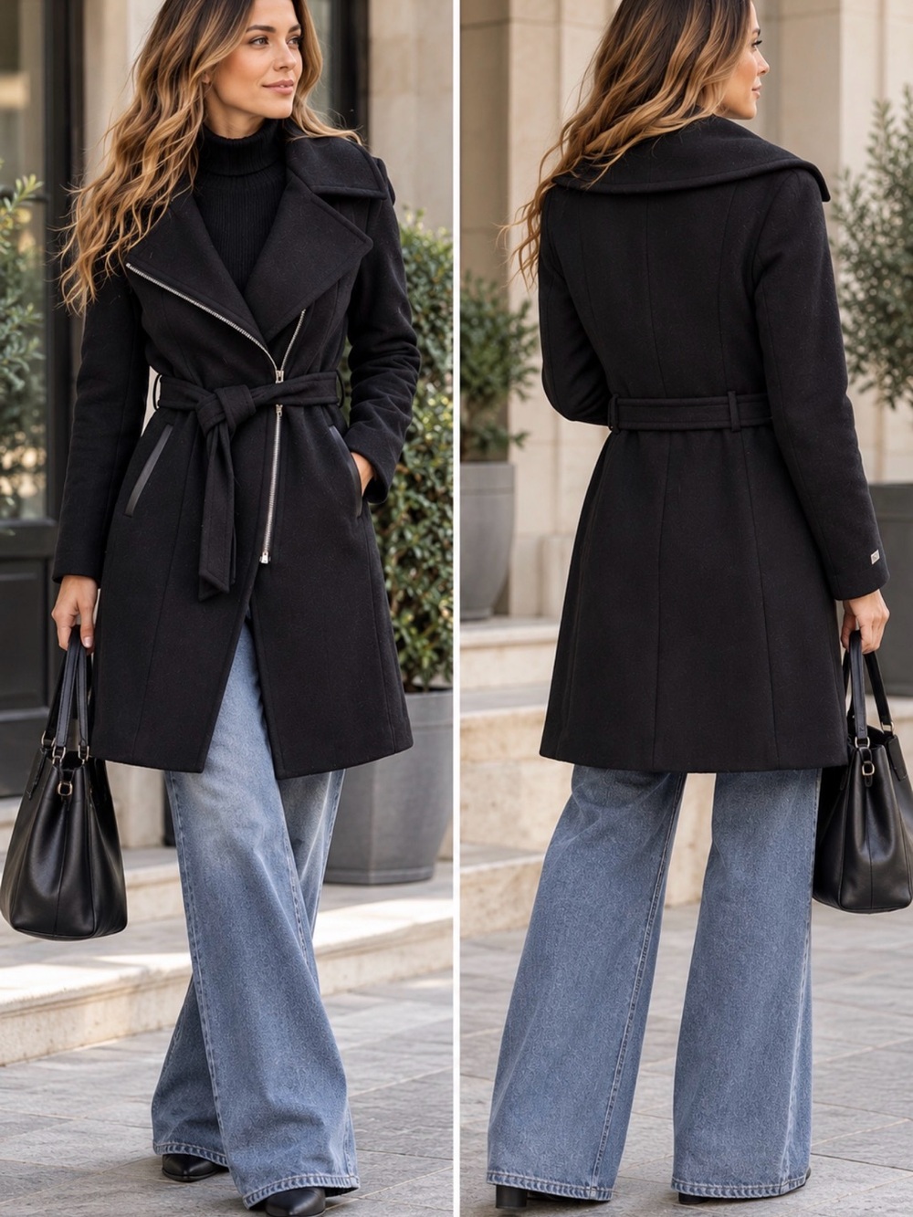 Soia & Kyo Black Wool Blend Belted Coat Removable Puffer Hood S/P